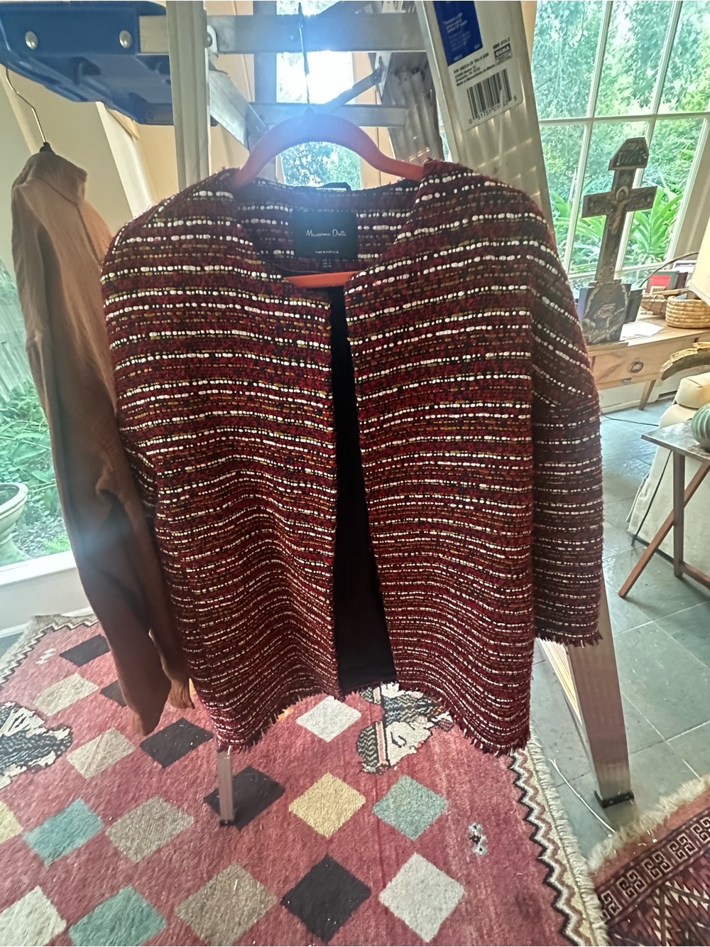 Massimo Dutti Burgundy & Black Tweed Open-Front Cardigan